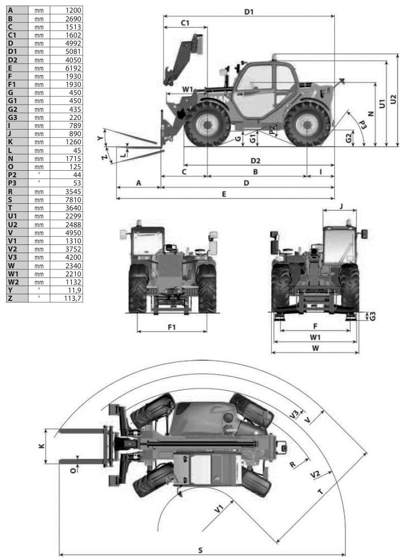 Teleskopstapler 3t / 10m Maße 